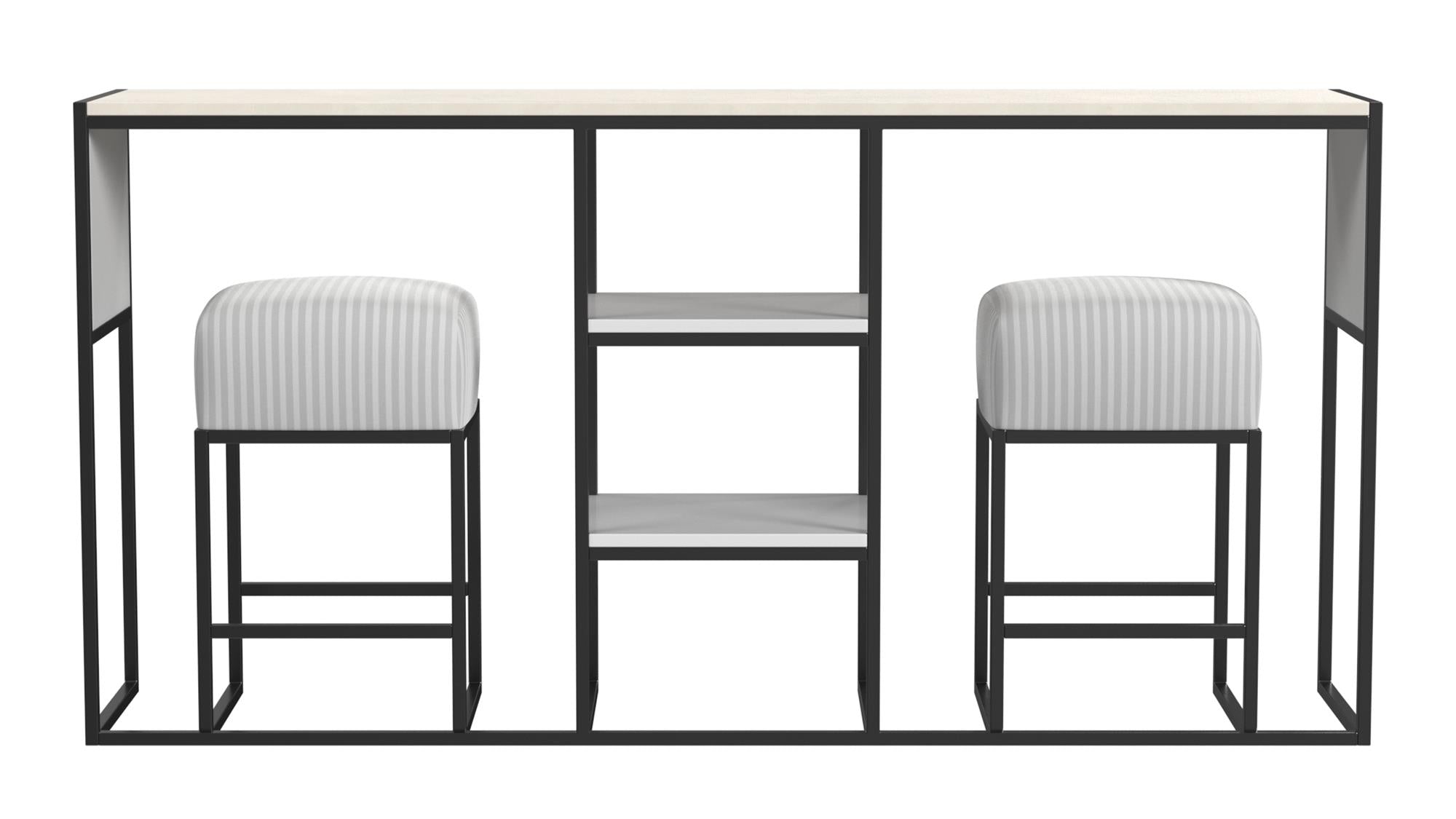 Perry Sofa Table with Stools, White and Gray Stripe - White
