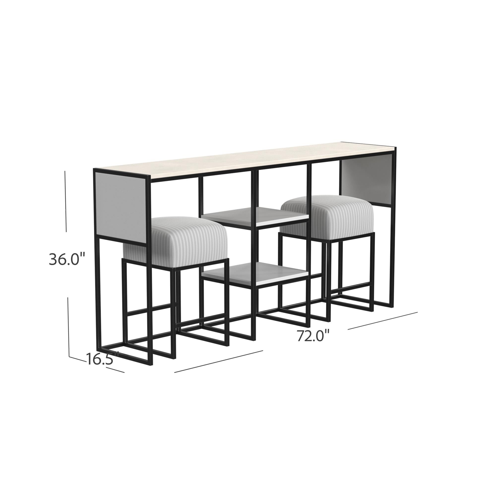 Perry Sofa Table with Stools, White and Gray Stripe - White