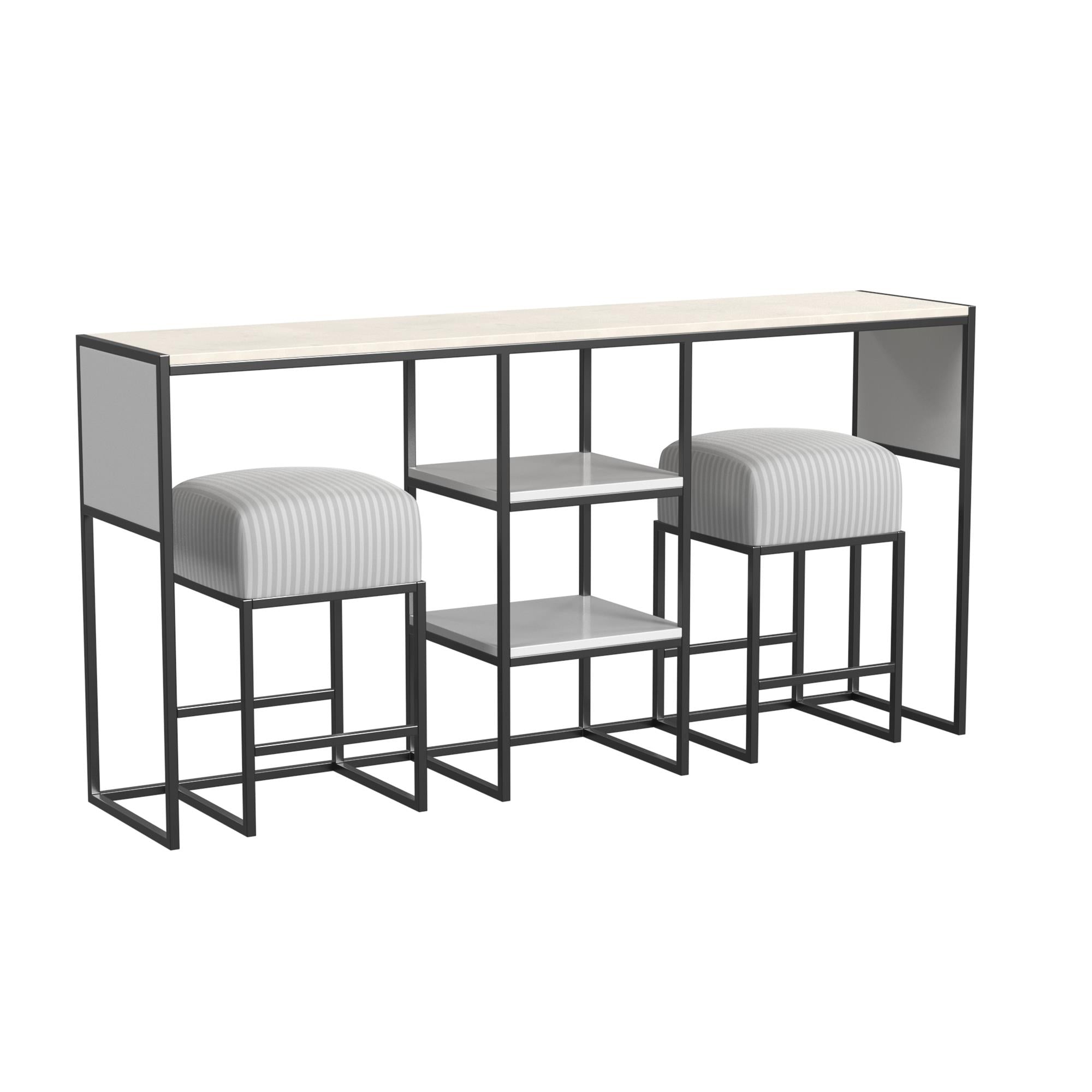Perry Sofa Table with Stools, White and Gray Stripe - White