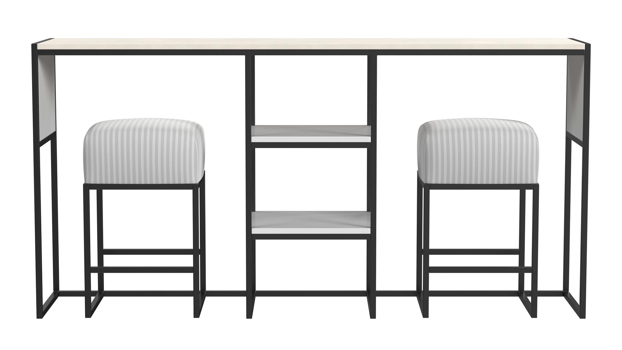 Perry Sofa Table with Stools, White and Gray Stripe - White