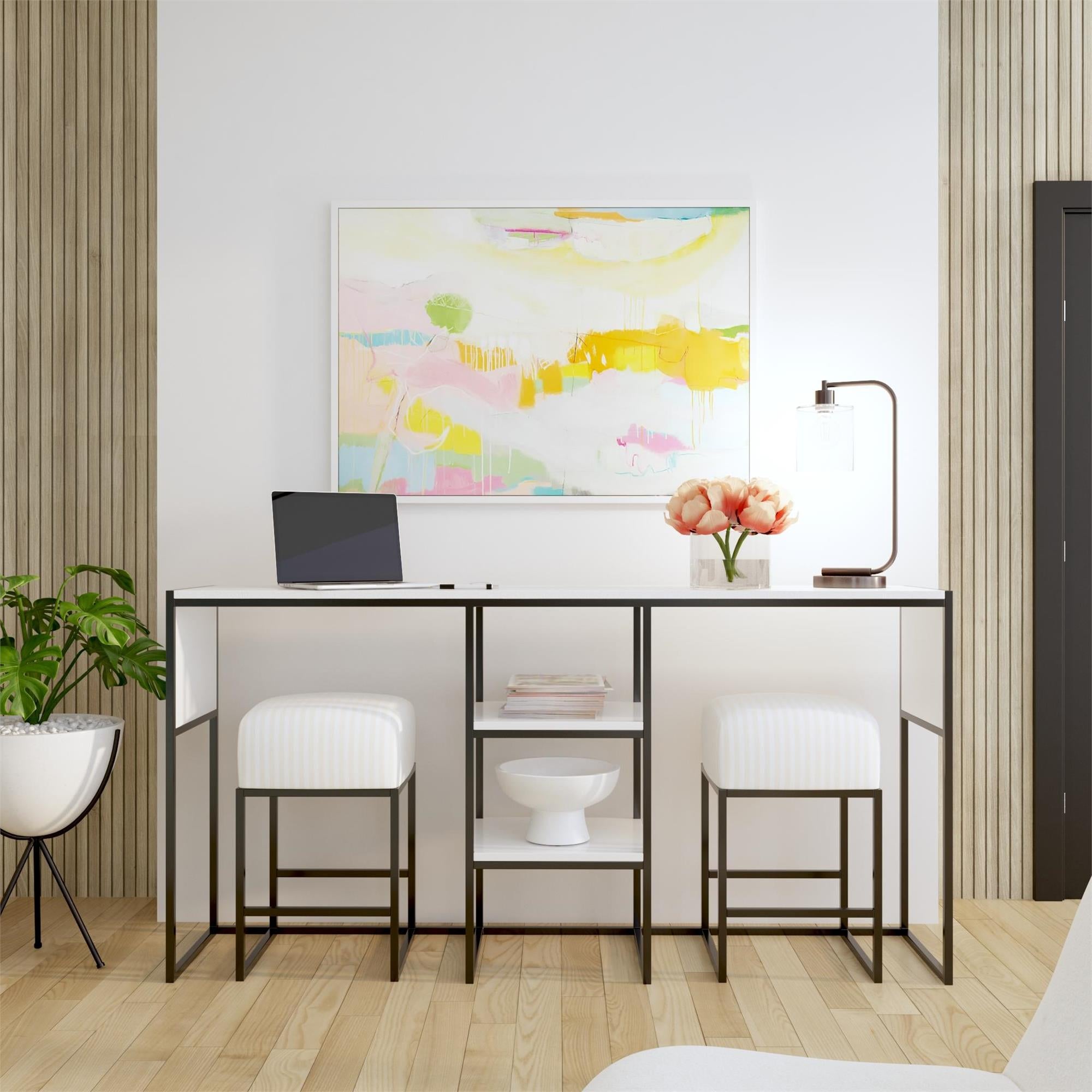 Perry Sofa Table with Stools, White and Gray Stripe - White