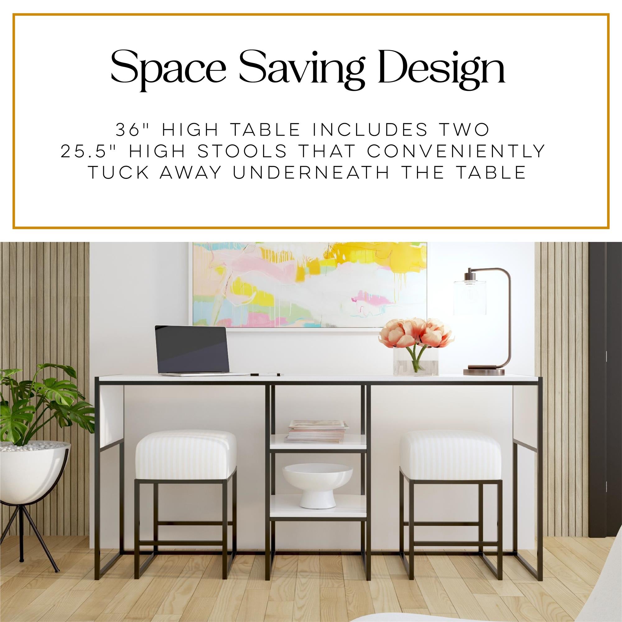 Perry Sofa Table with Stools, White and Gray Stripe - White