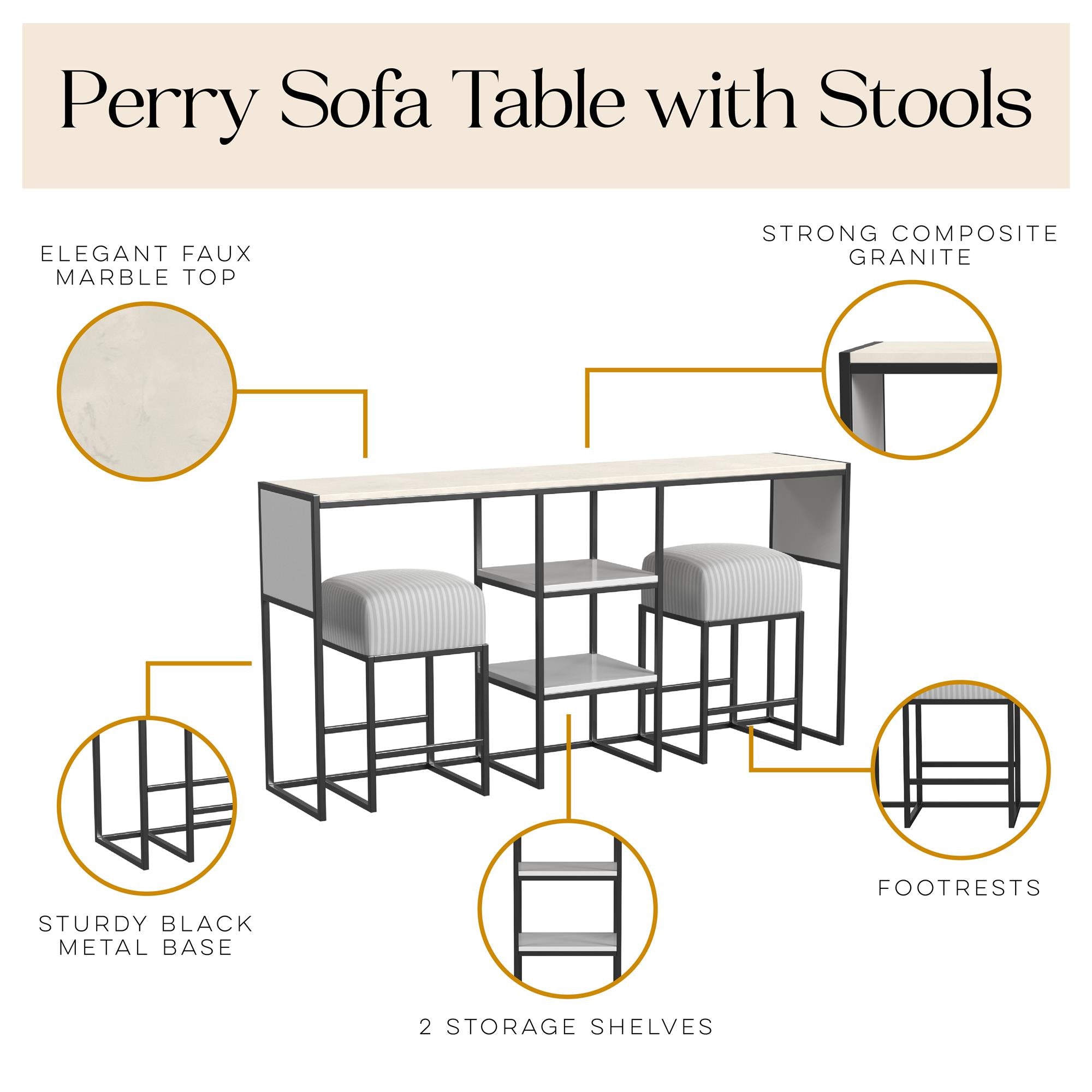 Perry Sofa Table with Stools, White and Gray Stripe - White